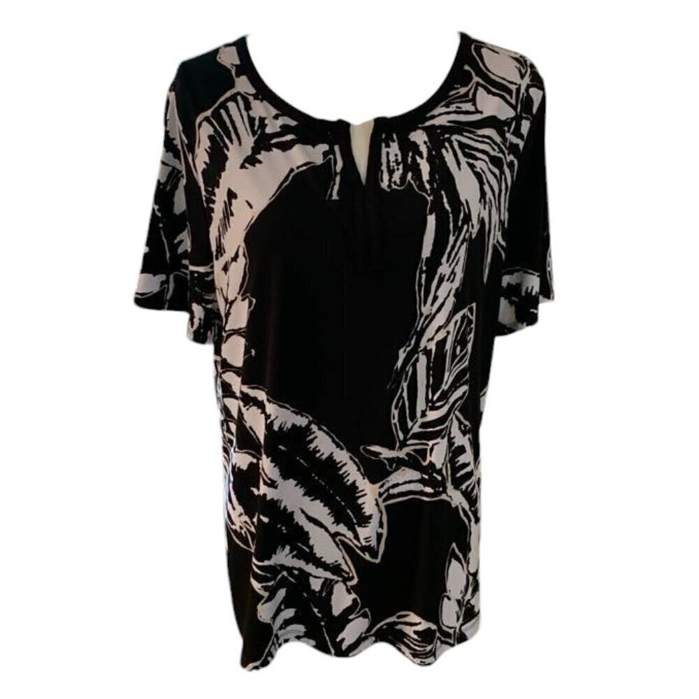 CHICO'S Black & White Tropical Print Short Sleeve Top Size 2